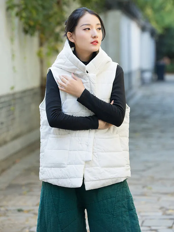 Simple Sleeveless Loose Keep Warm Cotton Quilted Solid Color Hooded Vest Outerwear