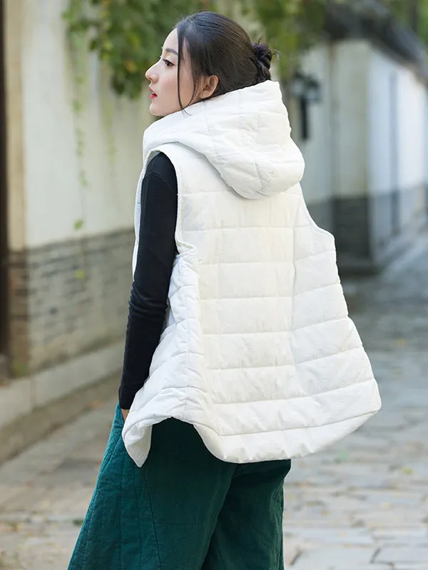 Simple Sleeveless Loose Keep Warm Cotton Quilted Solid Color Hooded Vest Outerwear