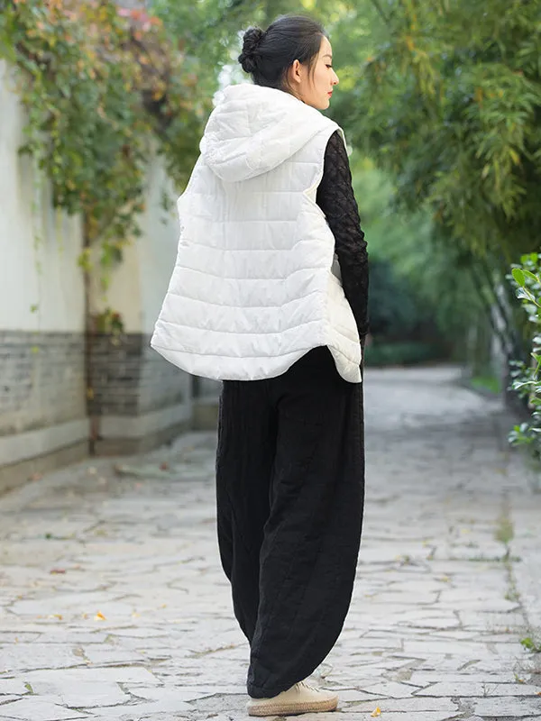 Simple Sleeveless Loose Keep Warm Cotton Quilted Solid Color Hooded Vest Outerwear