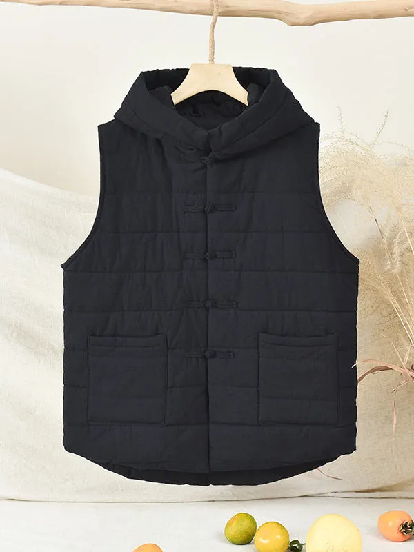 Simple Sleeveless Loose Keep Warm Cotton Quilted Solid Color Hooded Vest Outerwear