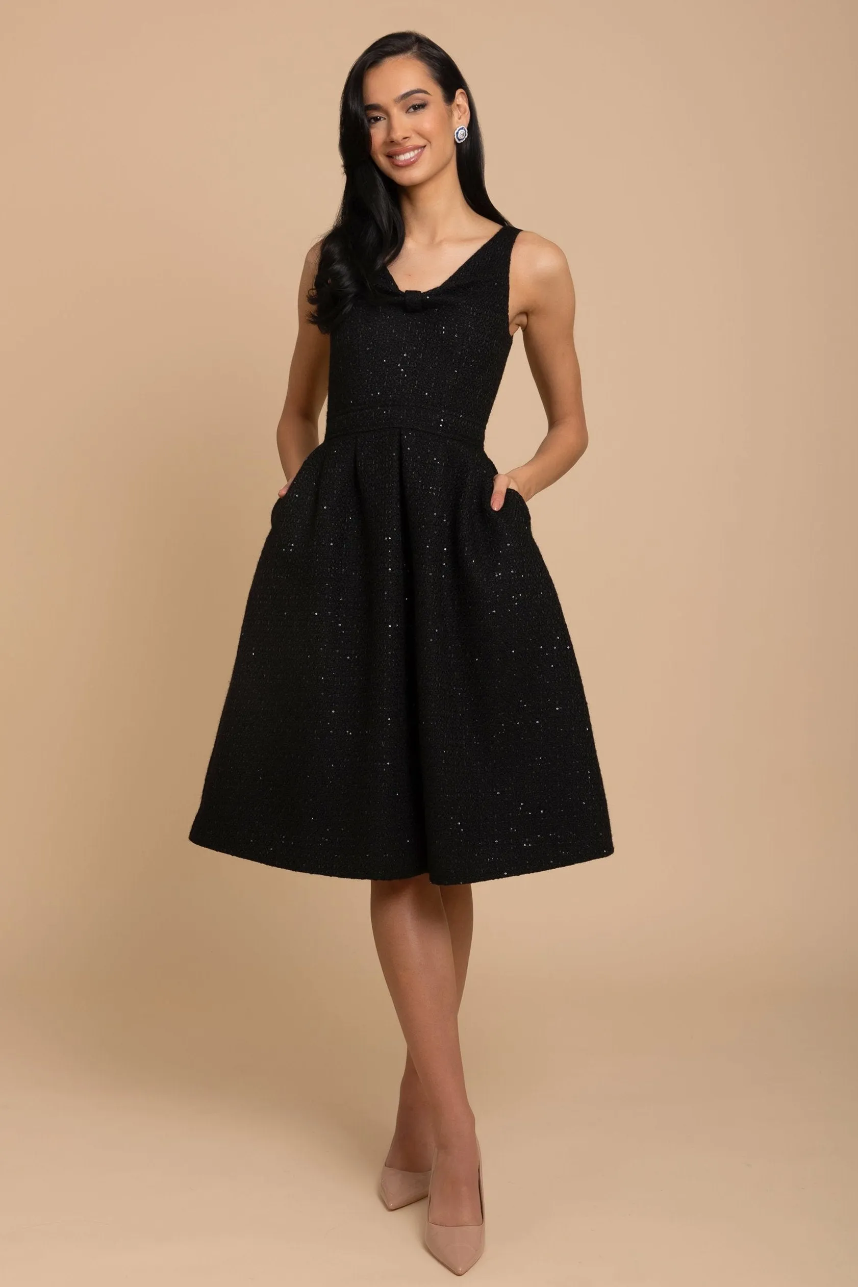 'Splendour' Wool Tweed Midi Dress in Nero