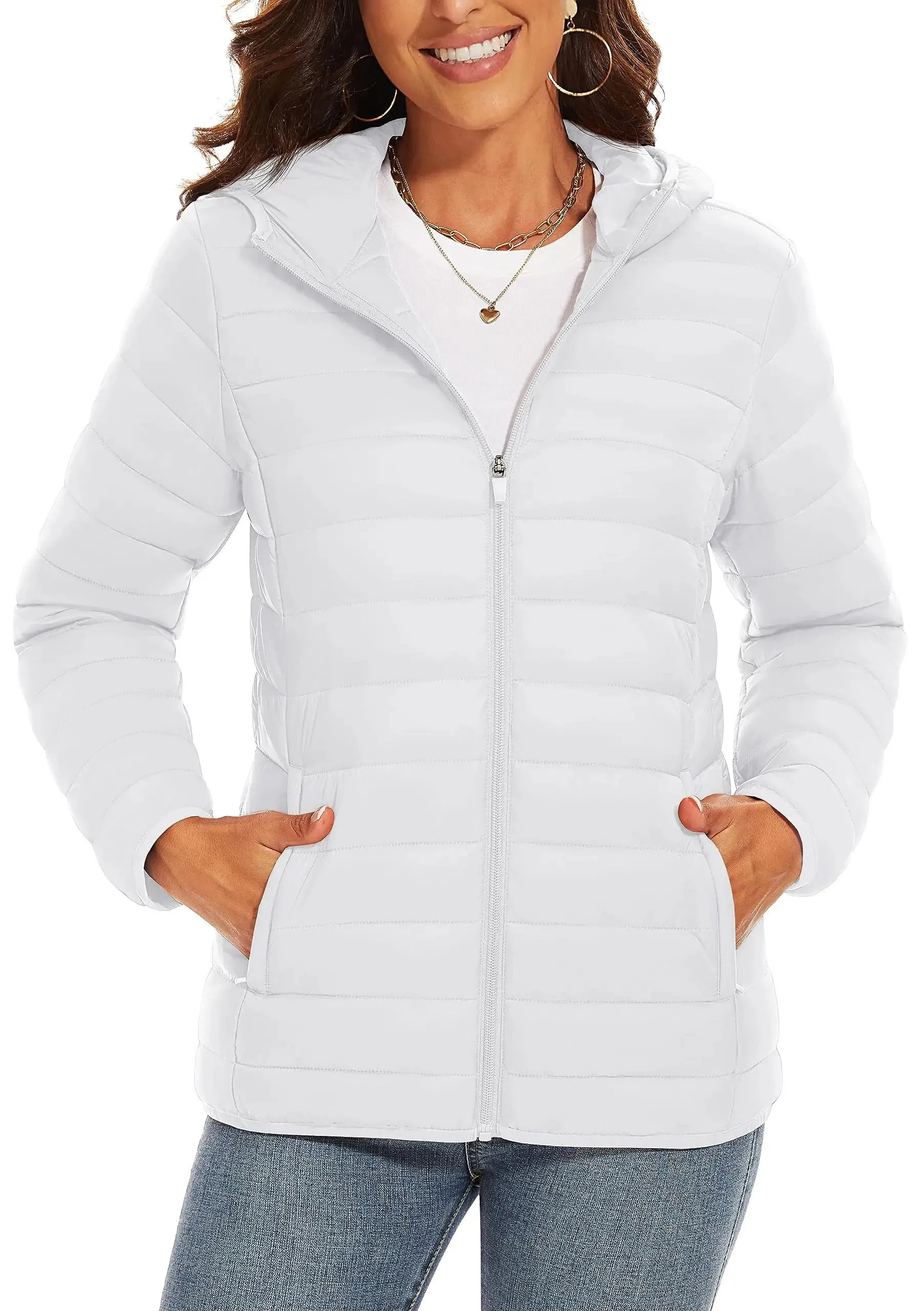 TACVASEN Full Zip Up Hooded Puffer Jacket Womens Winter Quilted Warm Coats Casual Windbreaker Padded Lightweight Outdoor Outwear