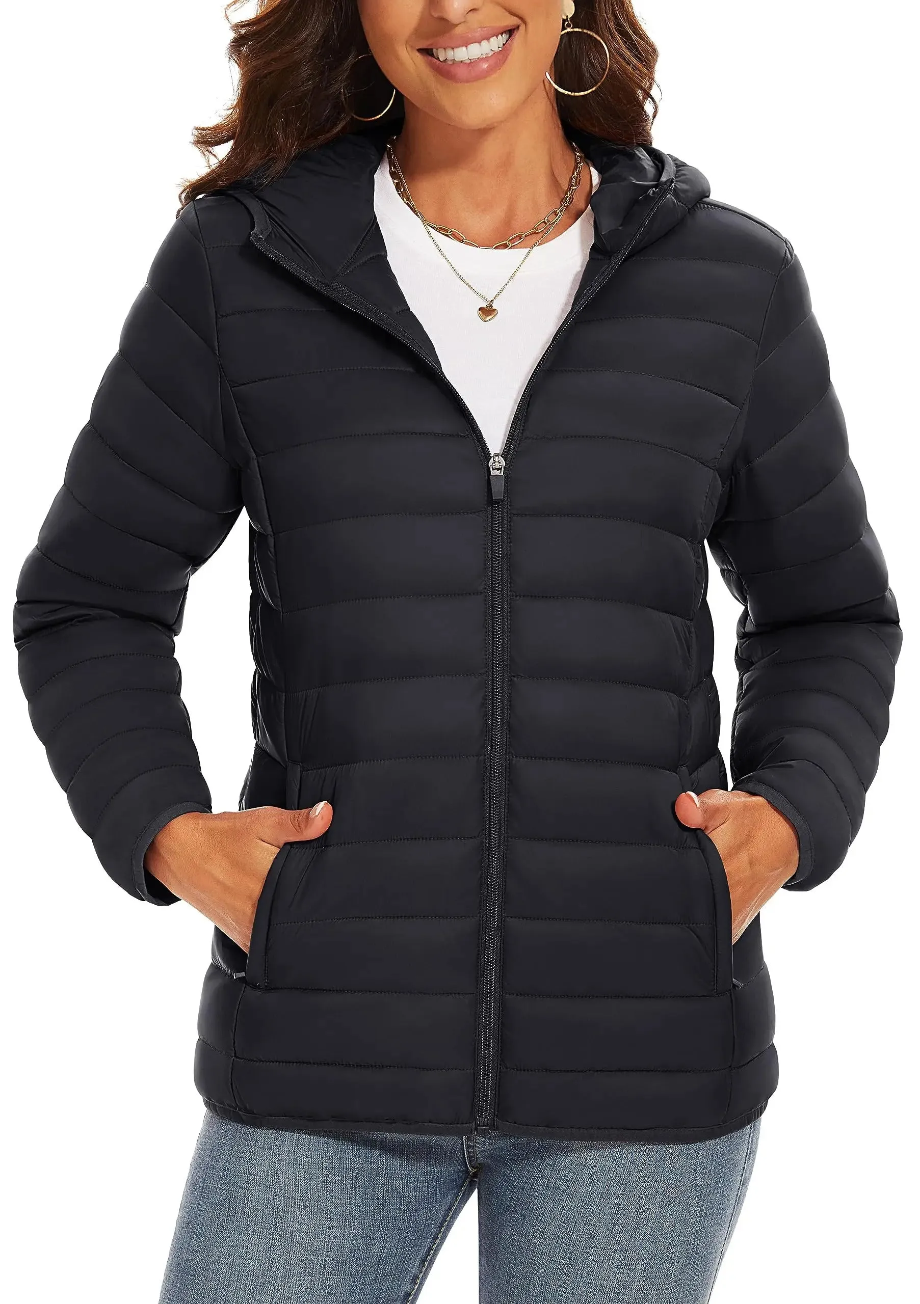 TACVASEN Full Zip Up Hooded Puffer Jacket Womens Winter Quilted Warm Coats Casual Windbreaker Padded Lightweight Outdoor Outwear