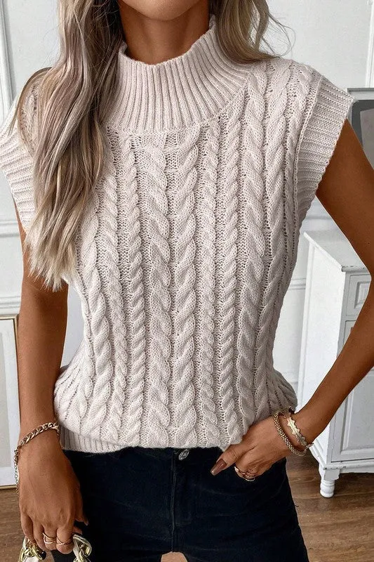 TEEK - Beige Ribbed High Neck Knit Sweater Vest