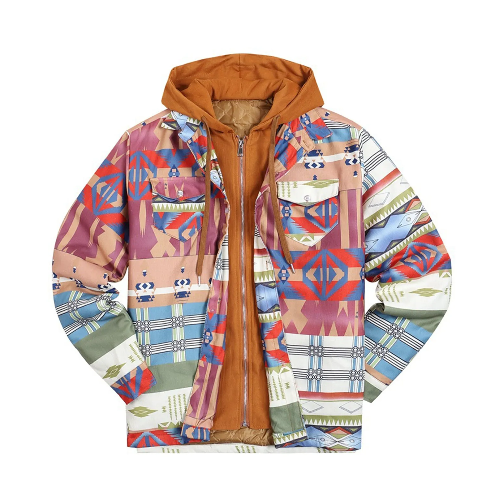 THICKEN RETRO WESTER PATTERN HOODED FAKE TWO PIECES QUILTED JACKET