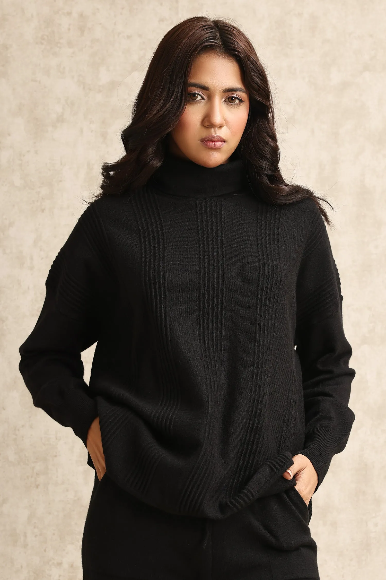 TURTLENECK KNITWEAR ENSEMBLE-BLACK