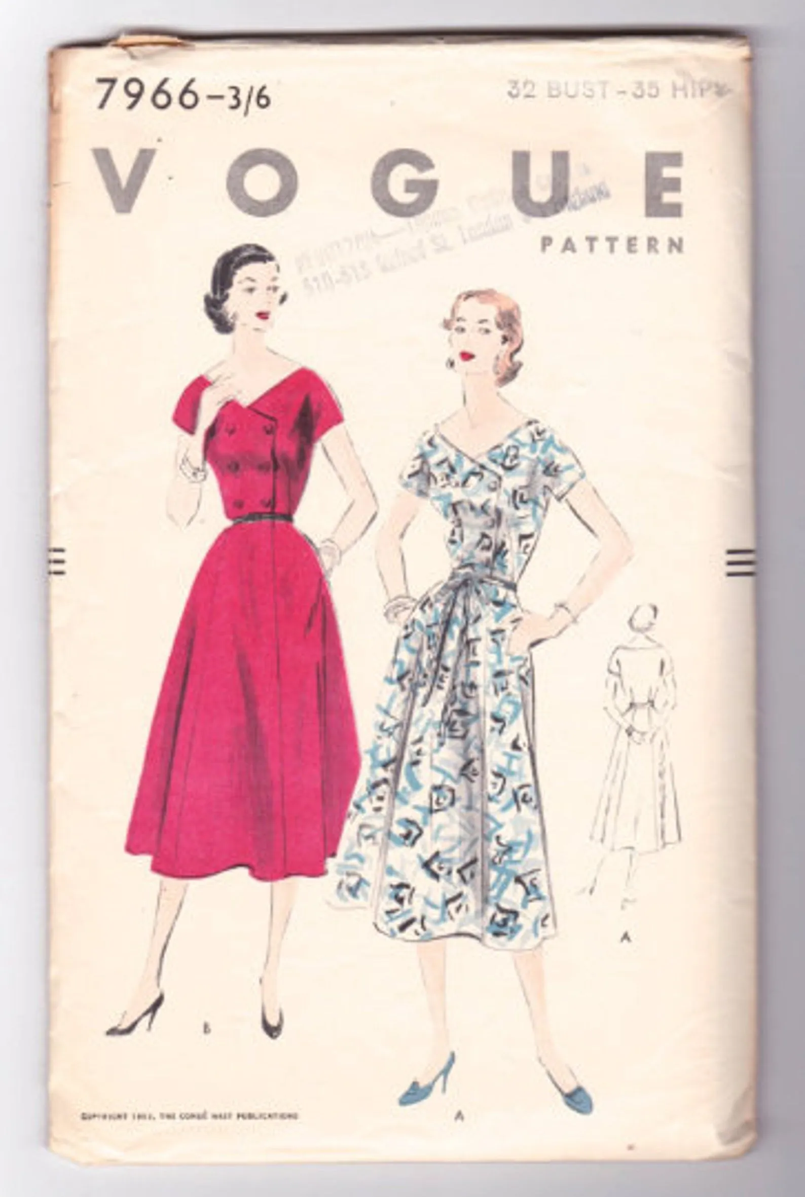 Vintage 1950's Women's Cocktail Dress Sewing Pattern, Vogue 7966, B32", H35", Cut/ Complete