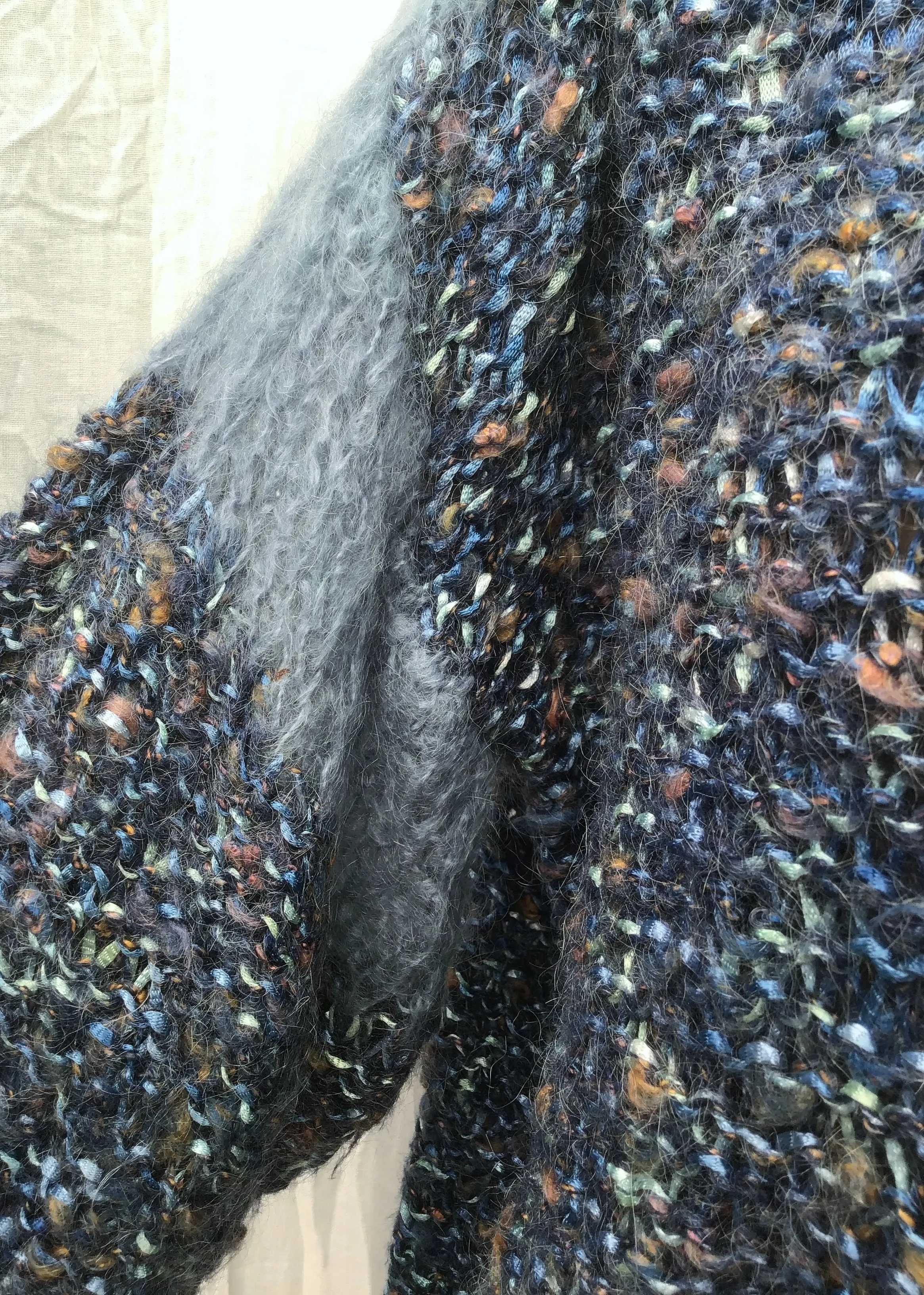 Vintage 80s Oversized Grey Blue Hand Knit Mohair Ribbon Jumper