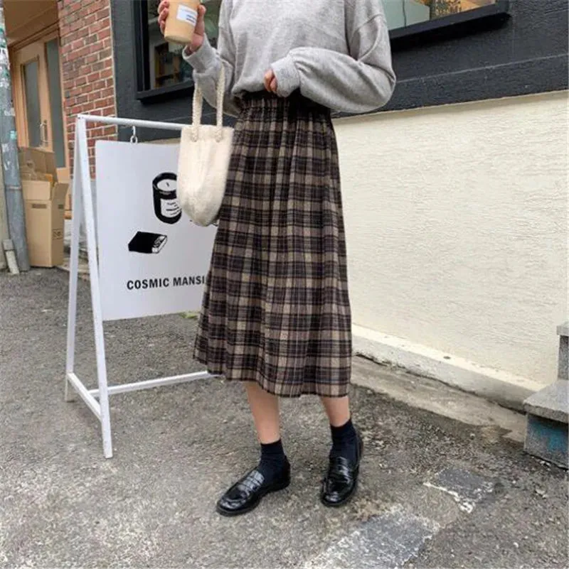 Vintage Wool Pleated Plaid Skirt Women High Waist Plus Size Long Skirt Autumn Winter Harajuku Female Party Skirt Streetwear