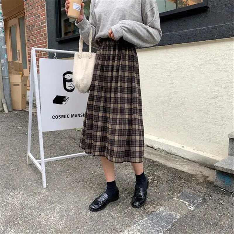 Vintage Wool Pleated Plaid Skirt Women High Waist Plus Size Long Skirt Autumn Winter Harajuku Female Party Skirt Streetwear