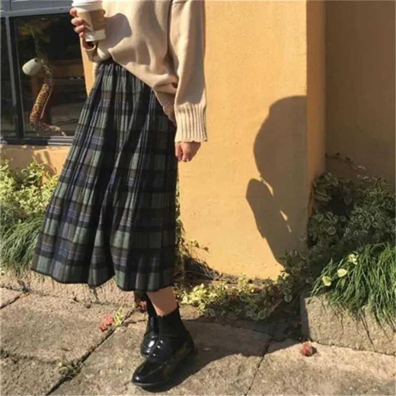 Vintage Wool Pleated Plaid Skirt Women High Waist Plus Size Long Skirt Autumn Winter Harajuku Female Party Skirt Streetwear