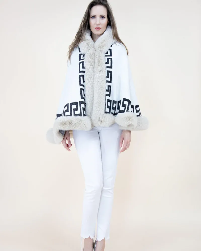 Winter White Greek Key Shawl w/ Faux Fur Trim