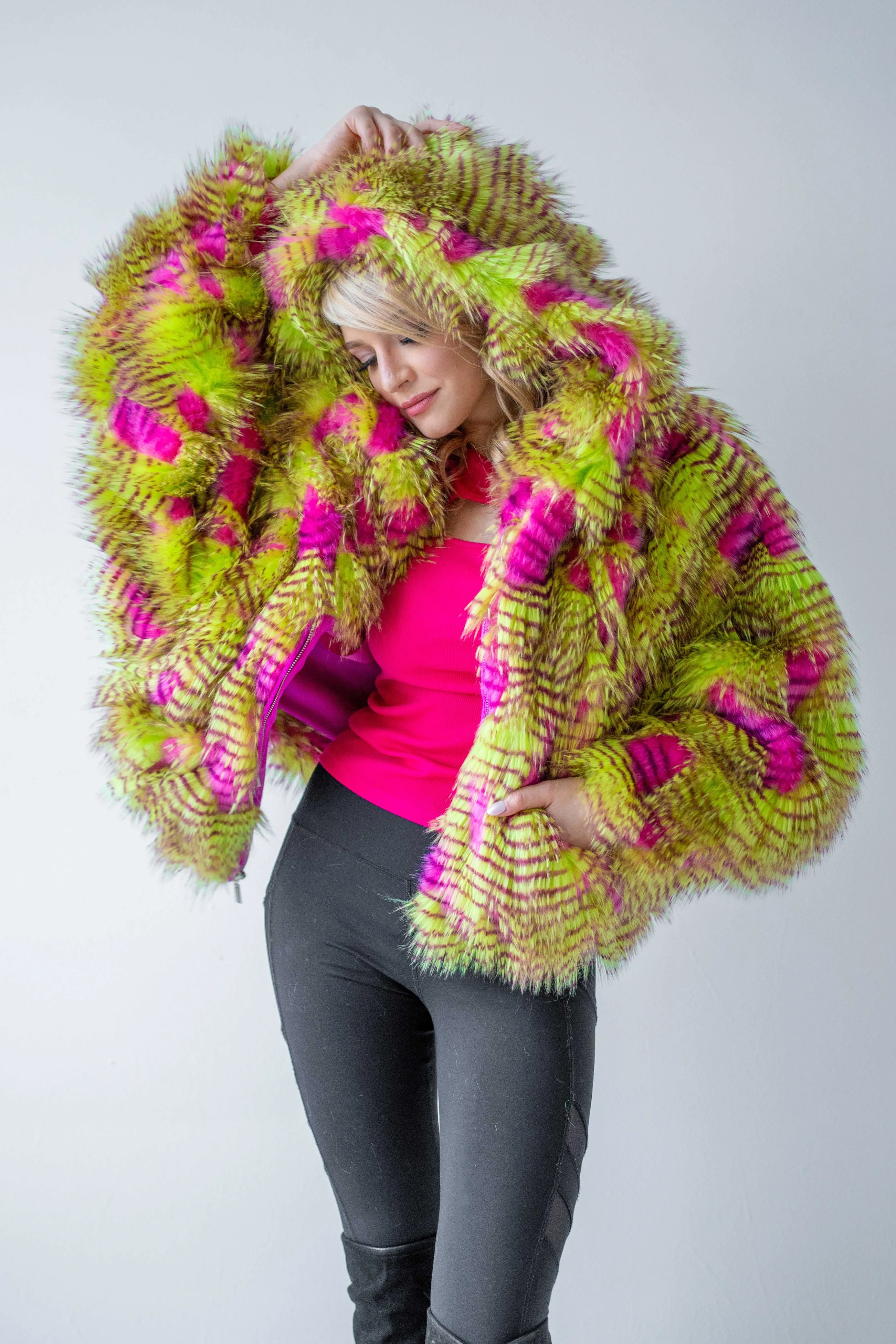 Women's Crop Snuggle Coat in "Pink Lime Feather"