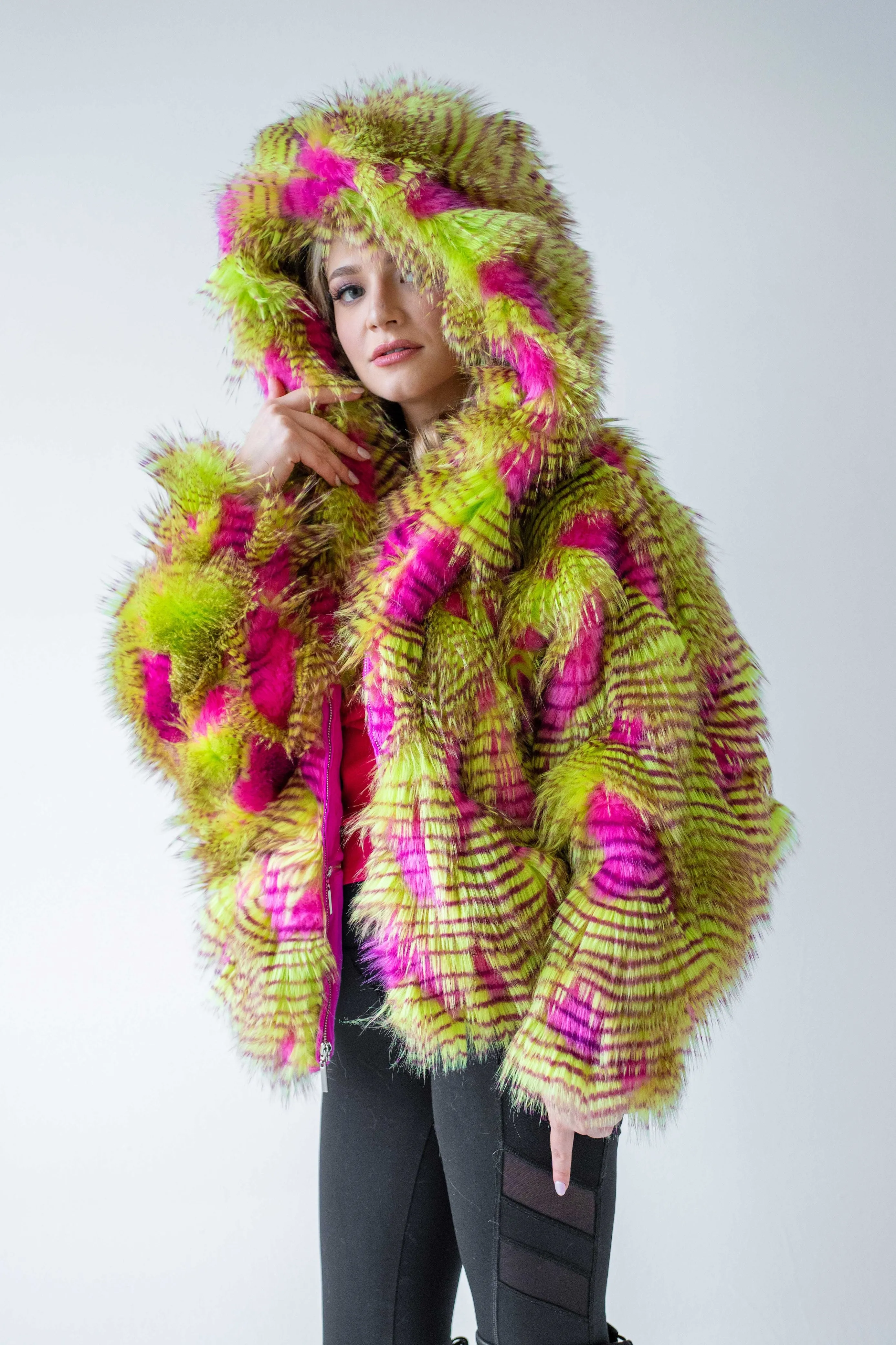 Women's Crop Snuggle Coat in "Pink Lime Feather"