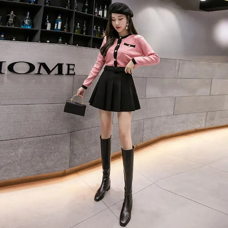 Women's High Waist A- line Skirt with Belt Woolen Pleated Skirt Short Autumn and Winter Woman Skirts Mujer Faldas Saias Mulher