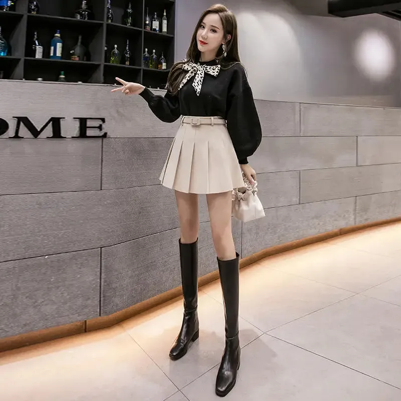 Women's High Waist A- line Skirt with Belt Woolen Pleated Skirt Short Autumn and Winter Woman Skirts Mujer Faldas Saias Mulher