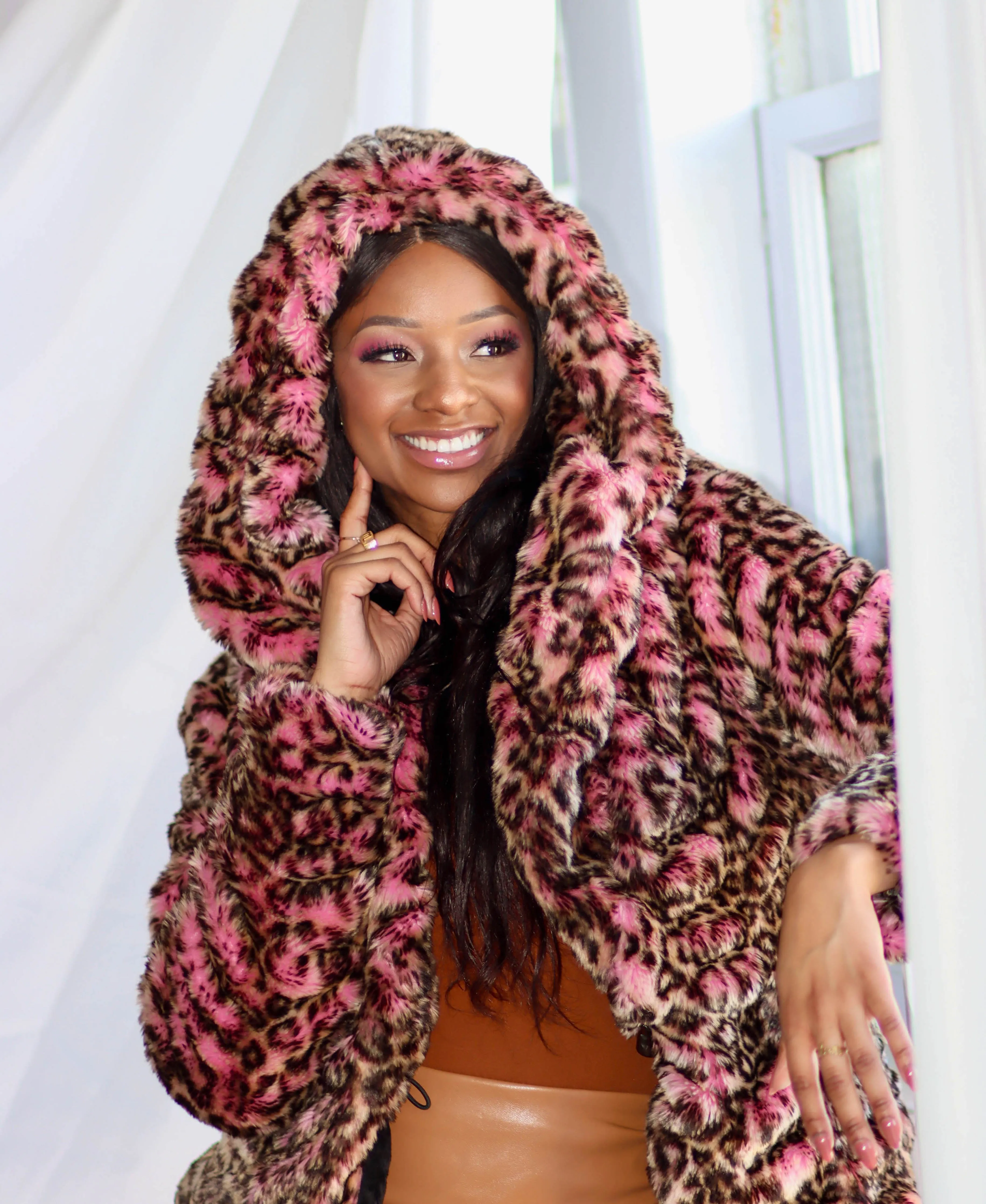 Women's Short Desert Warrior Coat in "Pink Cheetah" Chinchilla