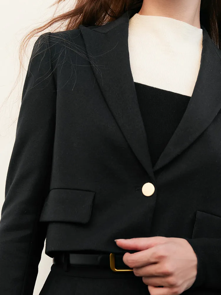 Wool Crop Blazer And Pleated Half Skirt Two-Piece Suit