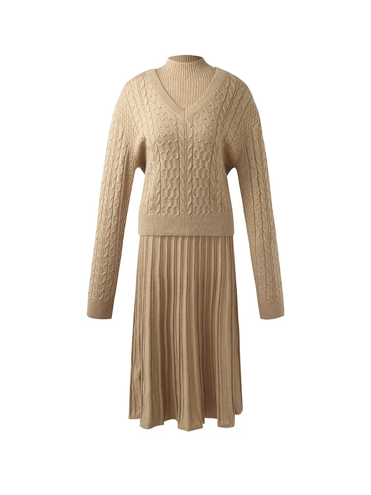 Wool V-Neck Women Sweater And Sleeveless Midi Dress Two-Piece Set